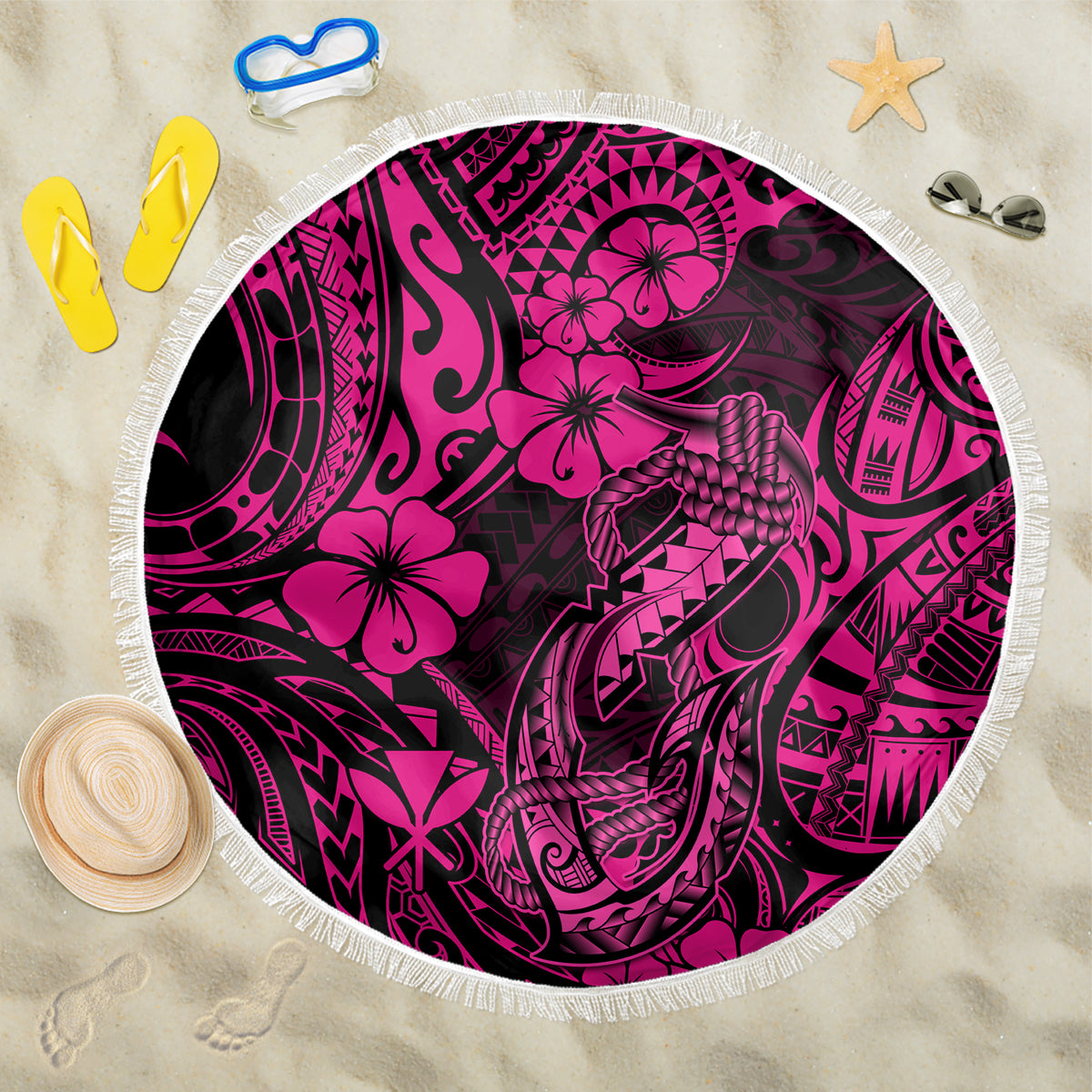 Hawaii Fish Hook Beach Blanket Hibiscus Hawaii Tribal Tattoo Pink Version LT01 One Size 150cm Pink - Wonder Print Shop