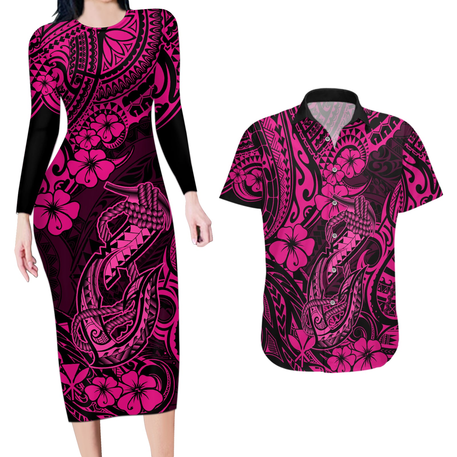 Hawaii Fish Hook Couples Matching Long Sleeve Bodycon Dress and Hawaiian Shirt Hibiscus Hawaii Tribal Tattoo Pink Version LT01 Pink - Polynesian Pride