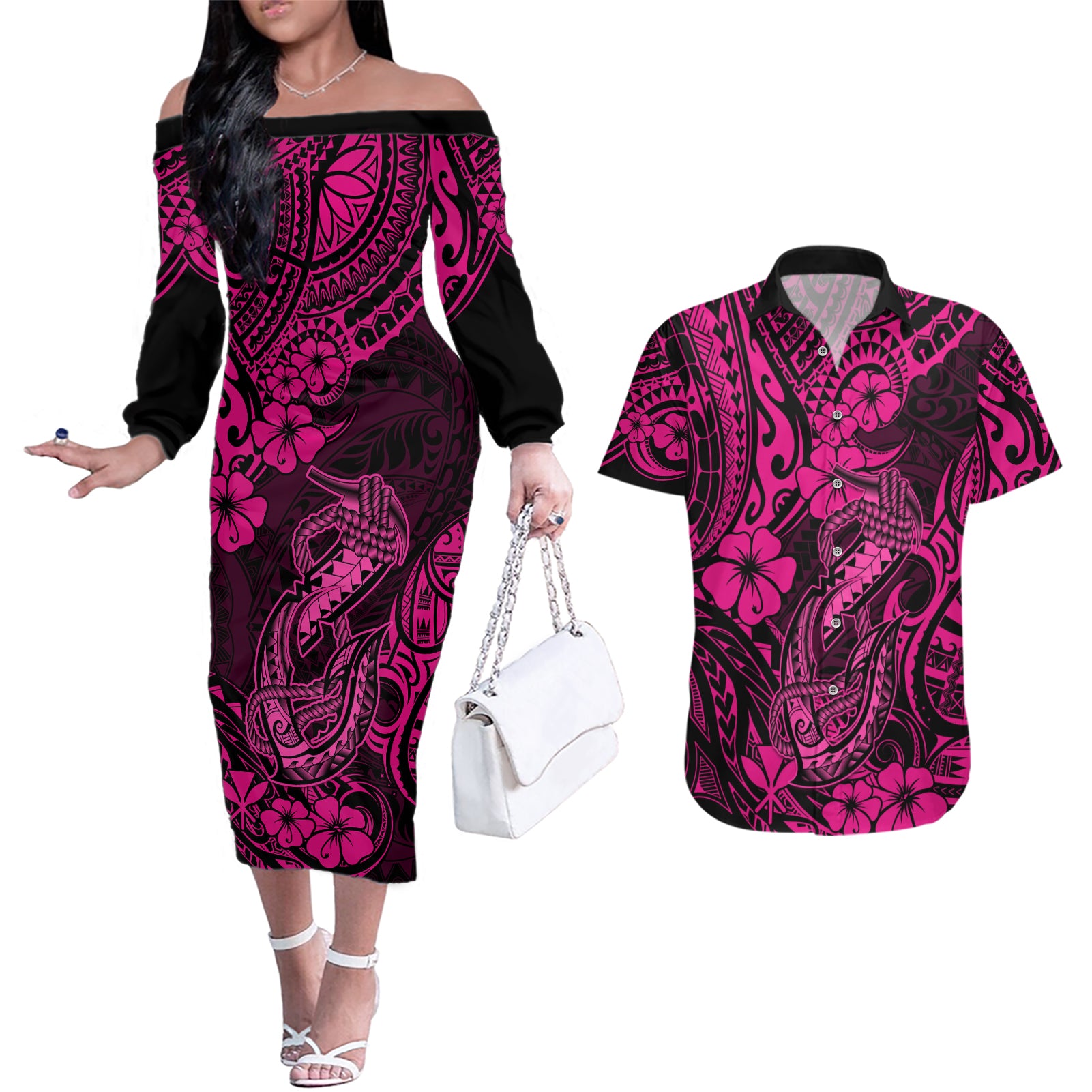 Hawaii Fish Hook Couples Matching Off The Shoulder Long Sleeve Dress and Hawaiian Shirt Hibiscus Hawaii Tribal Tattoo Pink Version LT01 Pink - Polynesian Pride