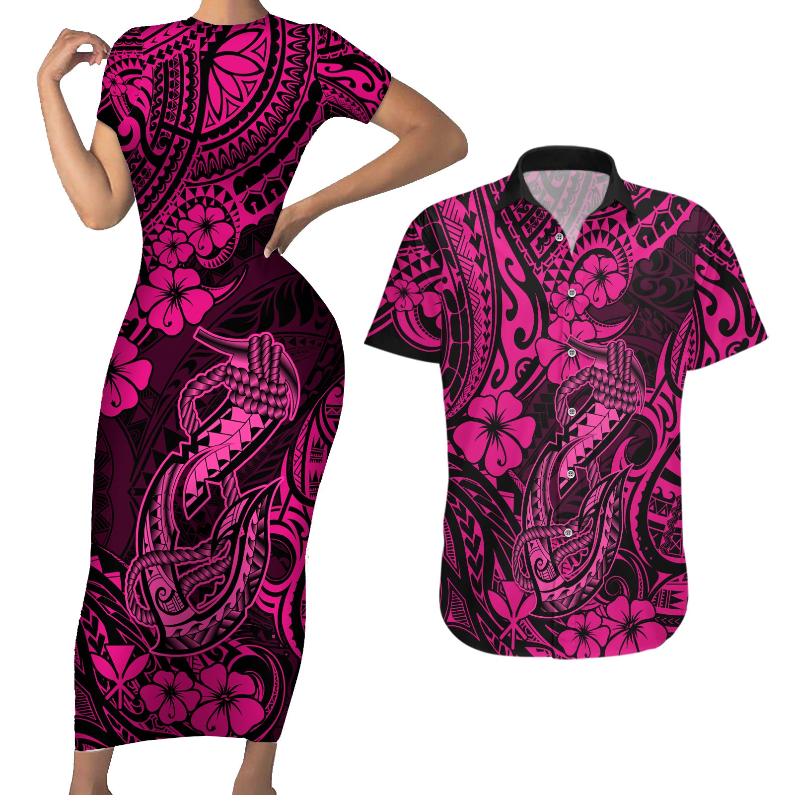 Hawaii Fish Hook Couples Matching Short Sleeve Bodycon Dress and Hawaiian Shirt Hibiscus Hawaii Tribal Tattoo Pink Version LT01 Pink - Polynesian Pride