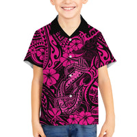 Hawaii Fish Hook Family Matching Off Shoulder Short Dress and Hawaiian Shirt Hibiscus Hawaii Tribal Tattoo Pink Version LT01 Son's Shirt Pink - Polynesian Pride