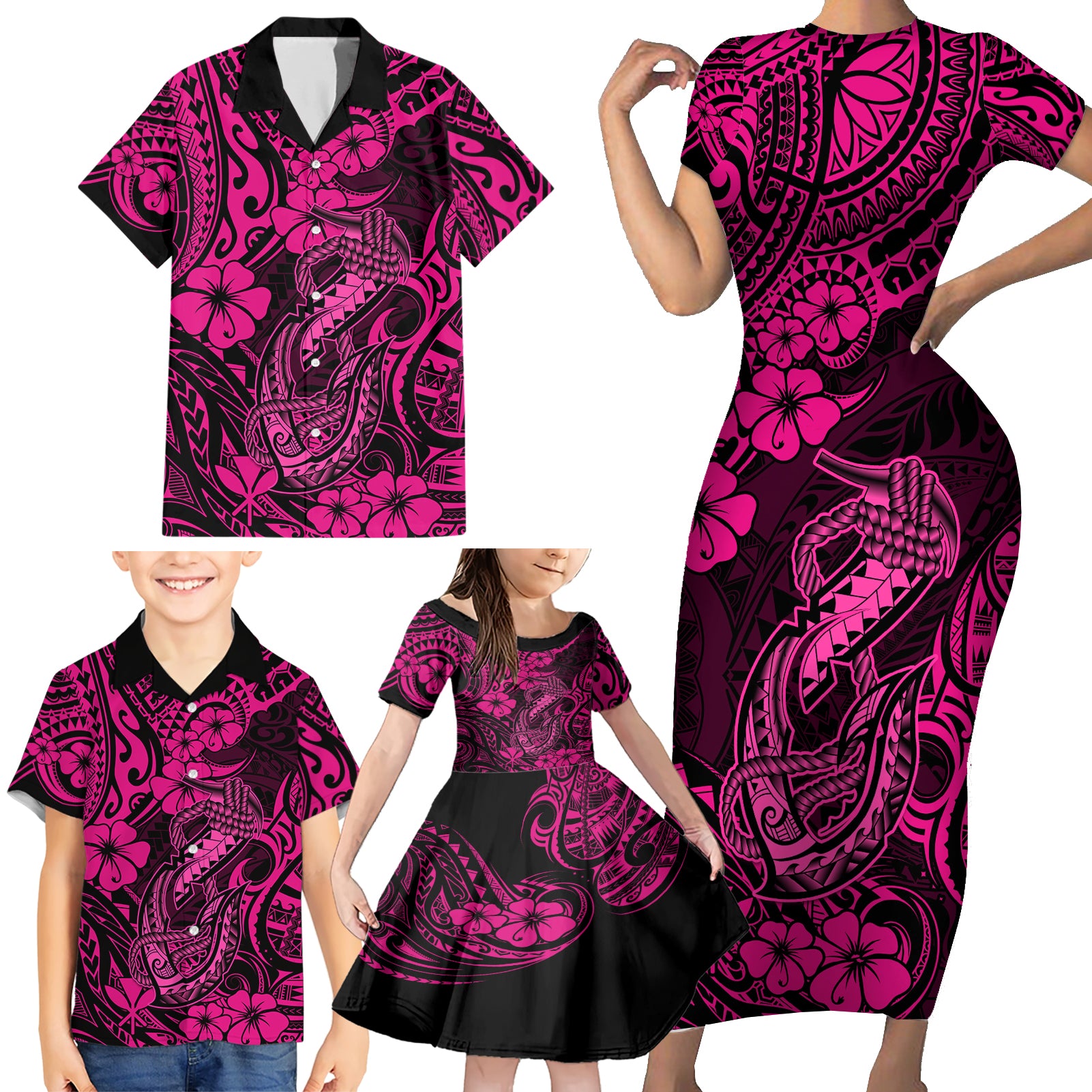 Hawaii Fish Hook Family Matching Short Sleeve Bodycon Dress and Hawaiian Shirt Hibiscus Hawaii Tribal Tattoo Pink Version LT01 - Polynesian Pride