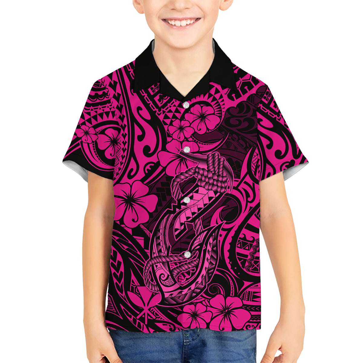Hawaii Fish Hook Family Matching Short Sleeve Bodycon Dress and Hawaiian Shirt Hibiscus Hawaii Tribal Tattoo Pink Version LT01 Son's Shirt Pink - Polynesian Pride