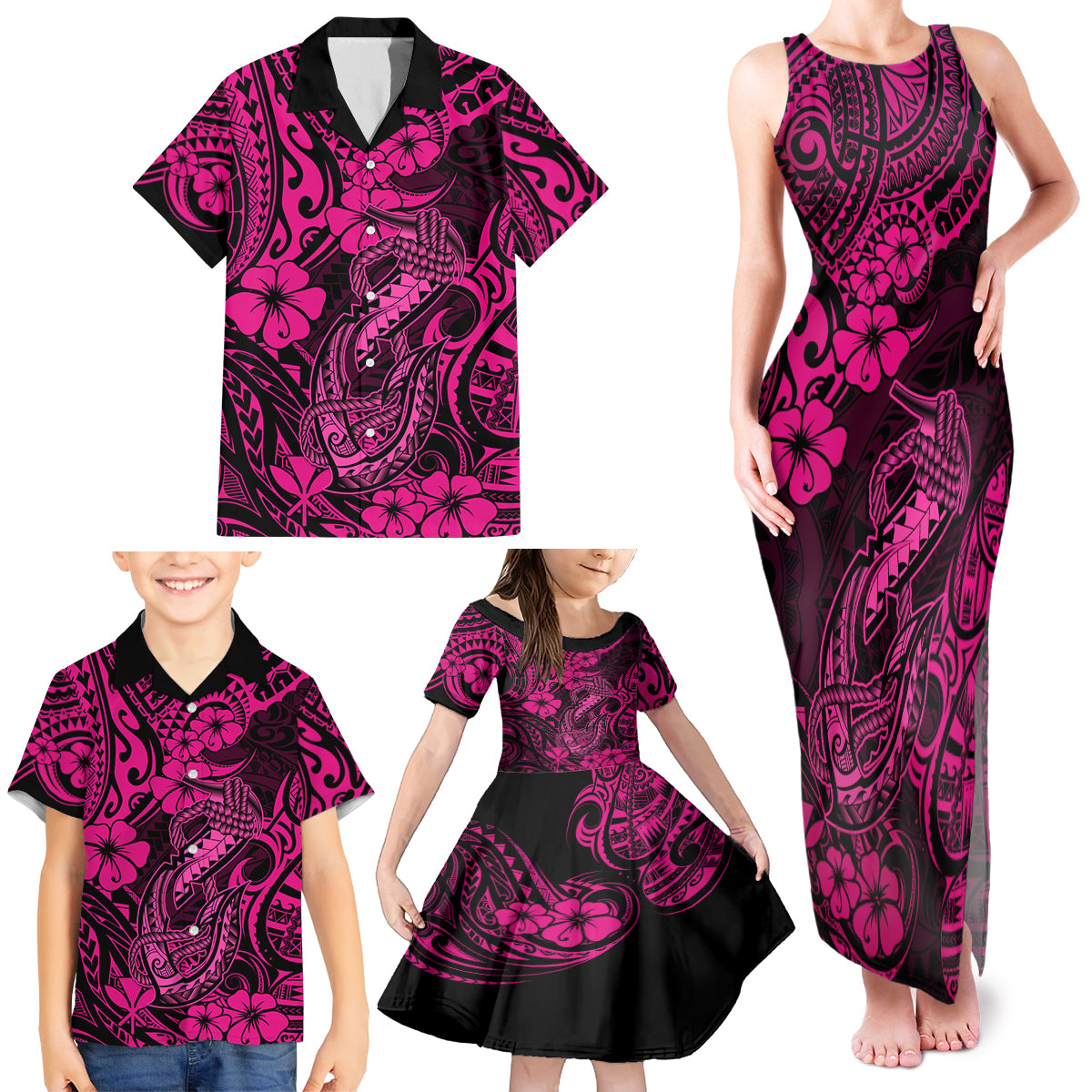 Hawaii Fish Hook Family Matching Tank Maxi Dress and Hawaiian Shirt Hibiscus Hawaii Tribal Tattoo Pink Version LT01 - Polynesian Pride