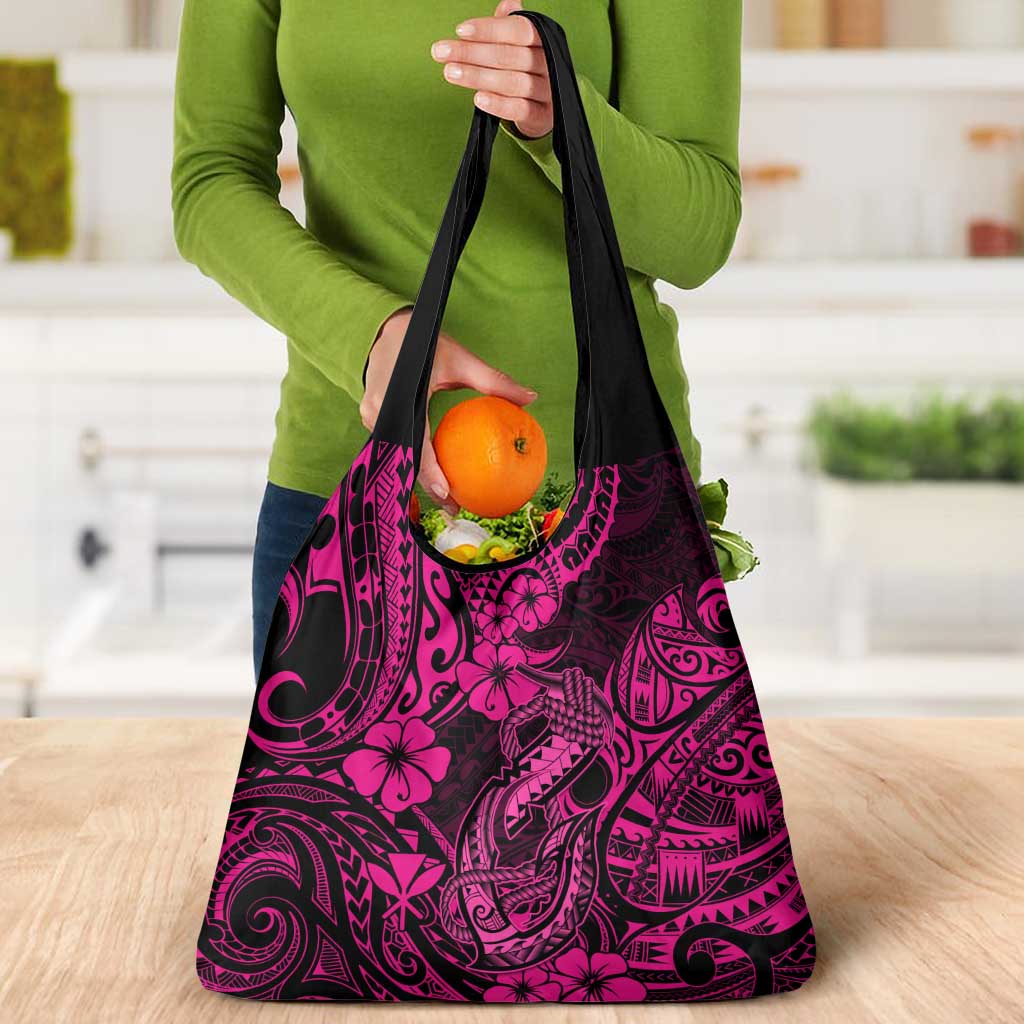Hawaii Fish Hook Grocery Bag Hibiscus Hawaii Tribal Tattoo Pink Version LT01 - Polynesian Pride