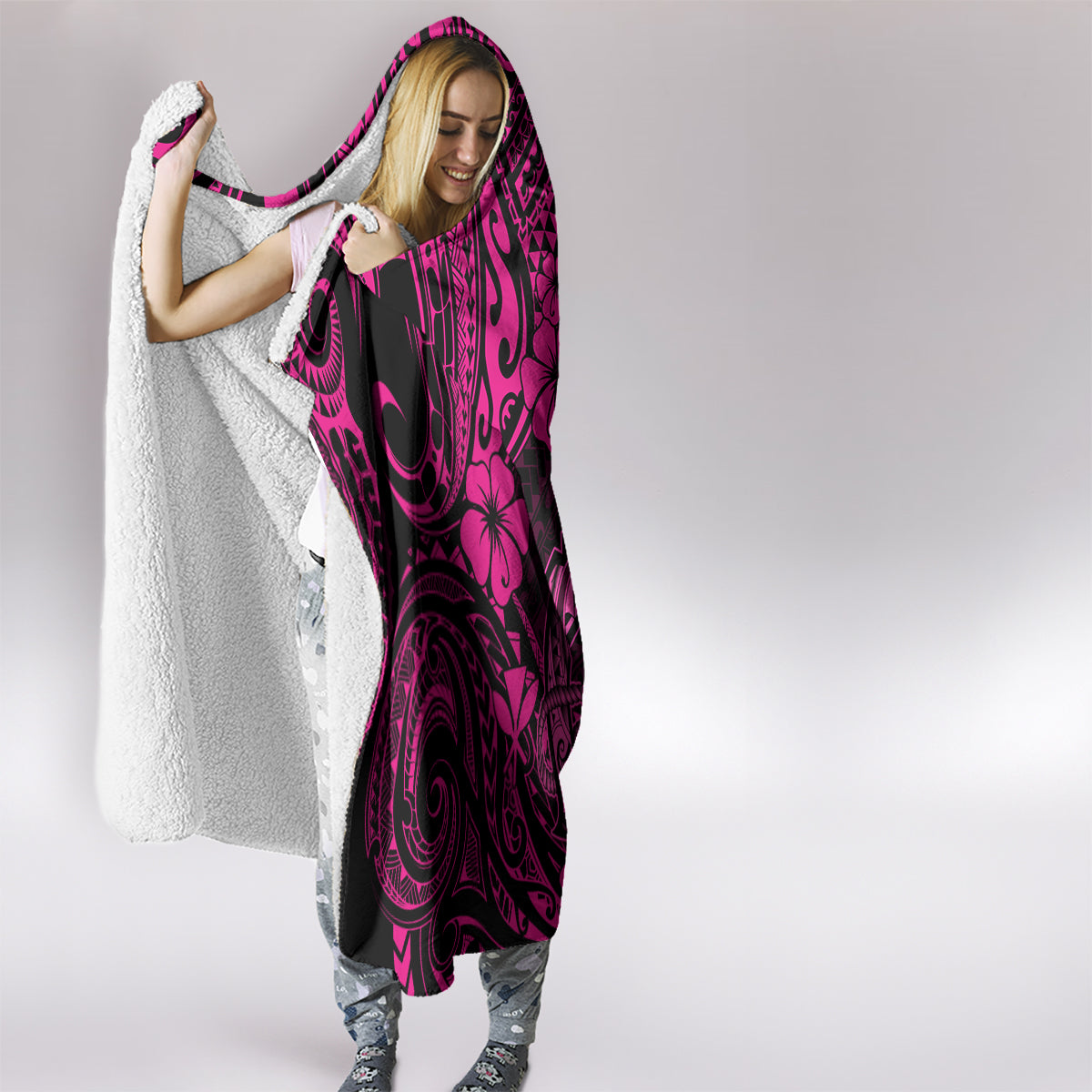 Hawaii Fish Hook Hooded Blanket Hibiscus Hawaii Tribal Tattoo Pink Version LT01 - Polynesian Pride