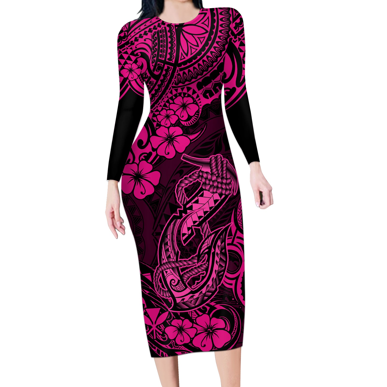 Hawaii Fish Hook Long Sleeve Bodycon Dress Hibiscus Hawaii Tribal Tattoo Pink Version LT01 Long Dress Pink - Polynesian Pride