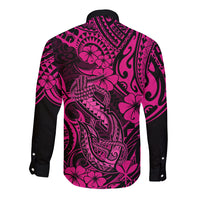 Hawaii Fish Hook Long Sleeve Button Shirt Hibiscus Hawaii Tribal Tattoo Pink Version LT01 - Polynesian Pride