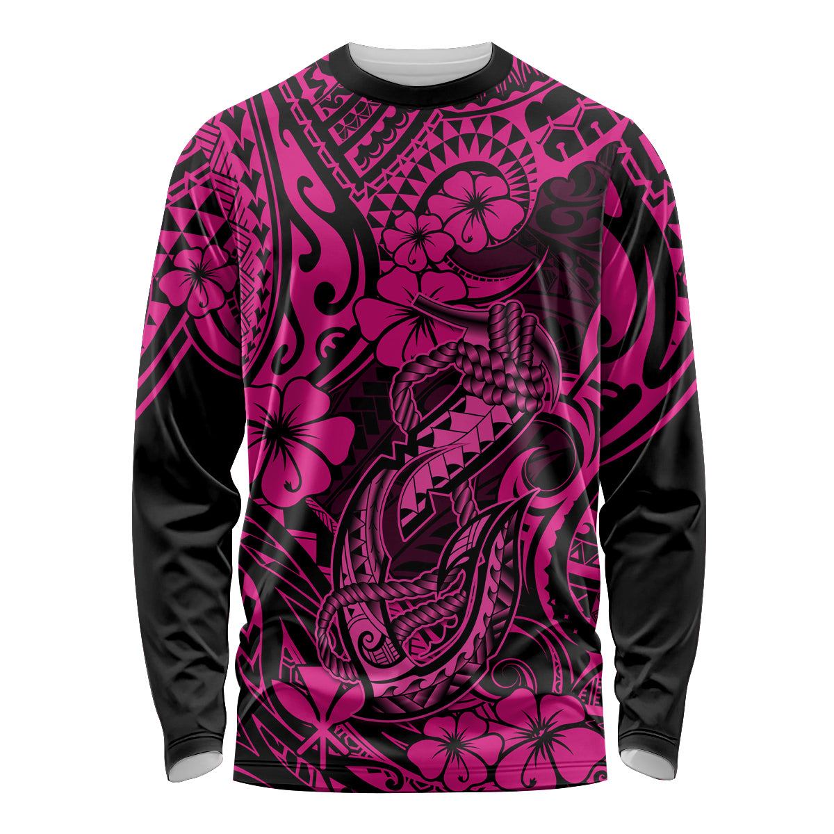 Hawaii Fish Hook Long Sleeve Shirt Hibiscus Hawaii Tribal Tattoo Pink Version LT01 Unisex Pink - Polynesian Pride