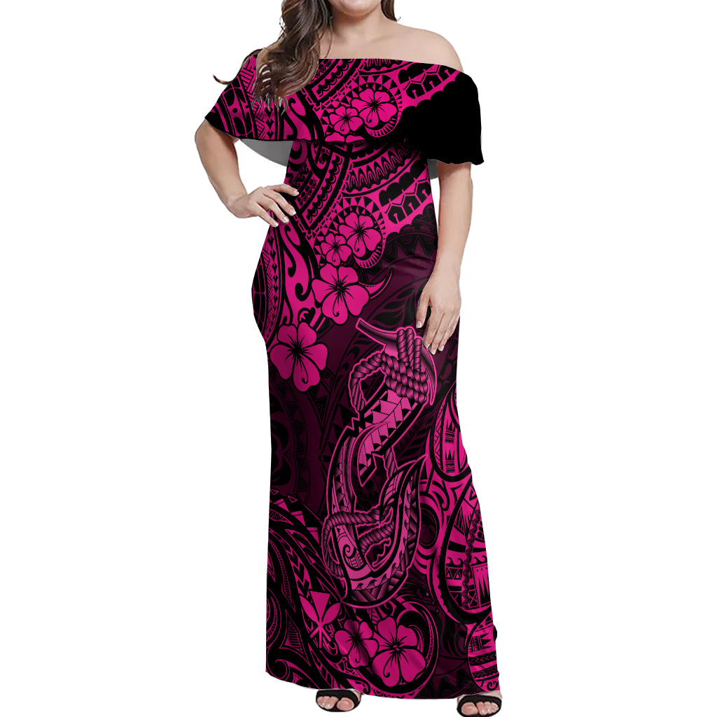 Hawaii Fish Hook Off Shoulder Maxi Dress Hibiscus Hawaii Tribal Tattoo Pink Version LT01 Women Pink - Polynesian Pride