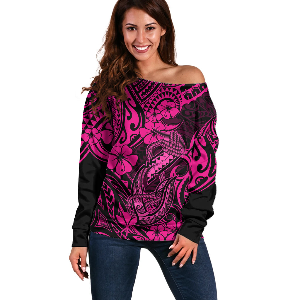 Hawaii Fish Hook Off Shoulder Sweater Hibiscus Hawaii Tribal Tattoo Pink Version LT01 Women Pink - Polynesian Pride