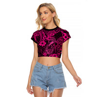 Hawaii Fish Hook Raglan Cropped T Shirt Hibiscus Hawaii Tribal Tattoo Pink Version LT01 Female Pink - Polynesian Pride