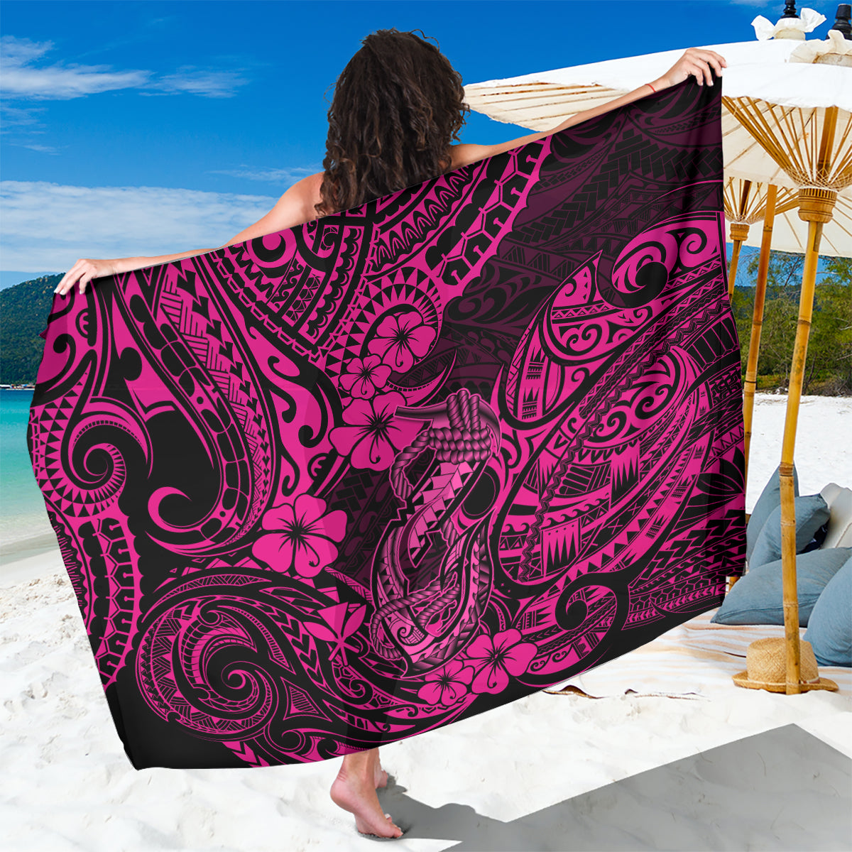 Hawaii Fish Hook Sarong Hibiscus Hawaii Tribal Tattoo Pink Version LT01 One Size 44 x 66 inches Pink - Polynesian Pride