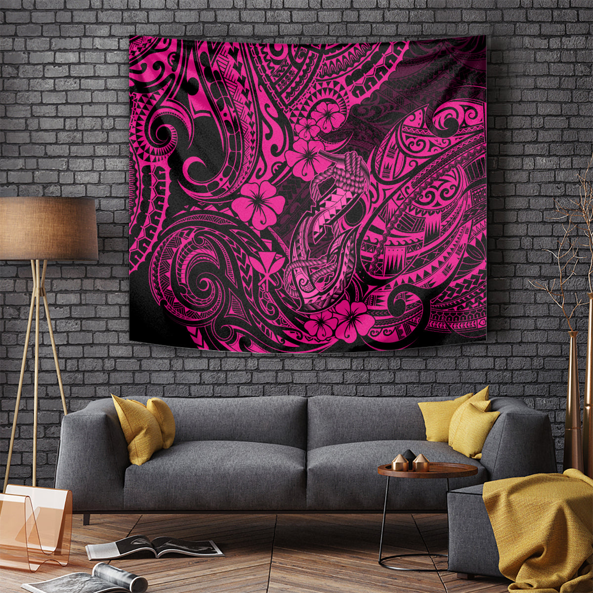 Hawaii Fish Hook Tapestry Hibiscus Hawaii Tribal Tattoo Pink Version LT01 Pink - Polynesian Pride