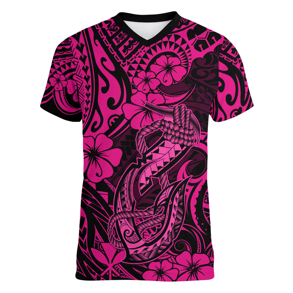 Hawaii Fish Hook Women V Neck T Shirt Hibiscus Hawaii Tribal Tattoo Pink Version LT01 Female Pink - Polynesian Pride