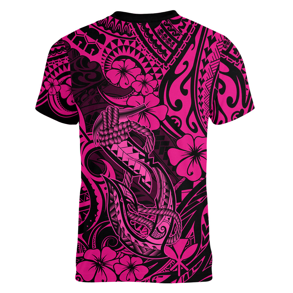 Hawaii Fish Hook Women V Neck T Shirt Hibiscus Hawaii Tribal Tattoo Pink Version LT01 - Polynesian Pride