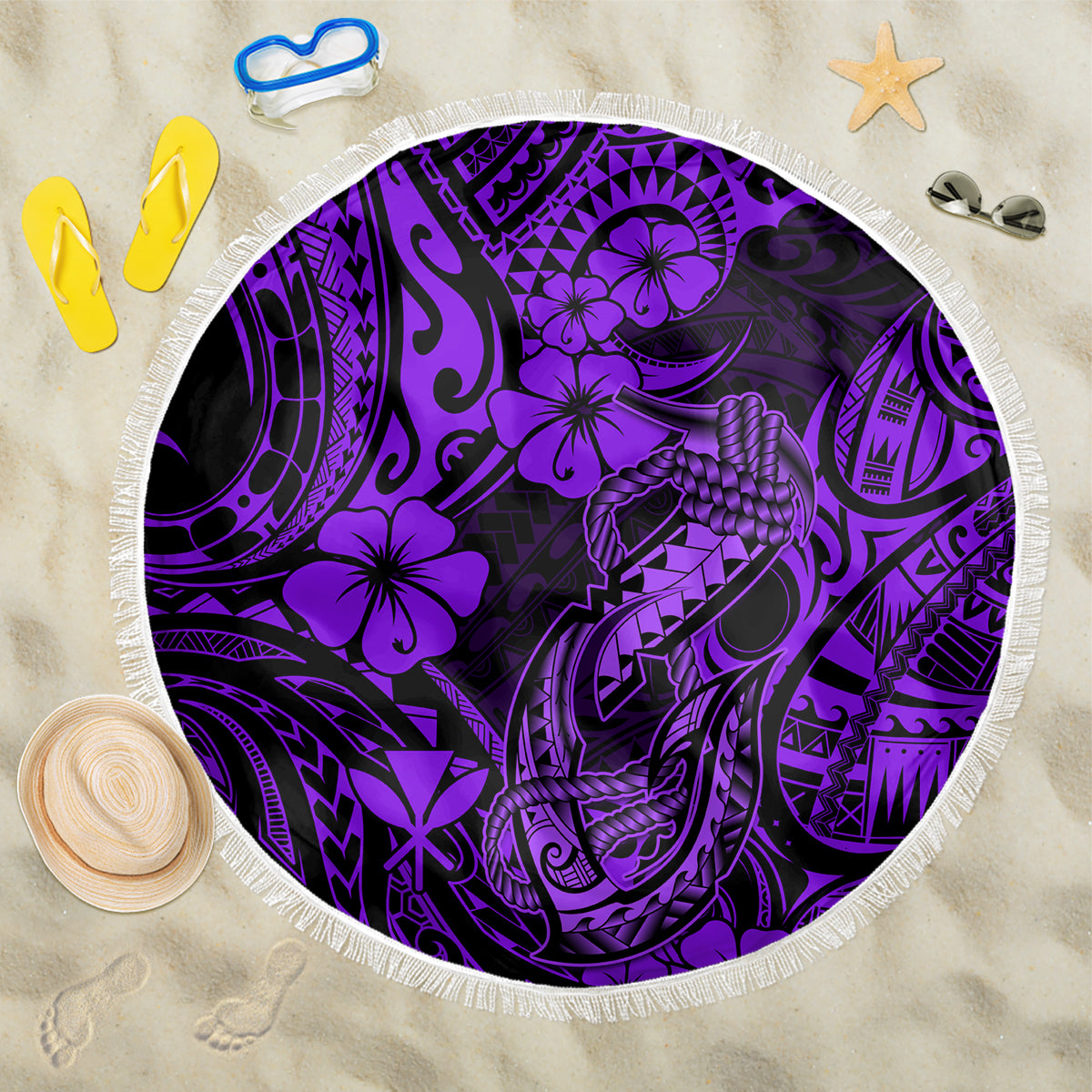 Hawaii Fish Hook Beach Blanket Hibiscus Hawaii Tribal Tattoo Purple Version LT01 One Size 150cm Purple - Wonder Print Shop