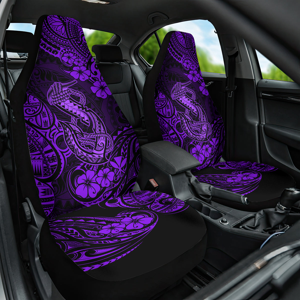 Hawaii Fish Hook Car Seat Cover Hibiscus Hawaii Tribal Tattoo Purple Version LT01 One Size Purple - Polynesian Pride