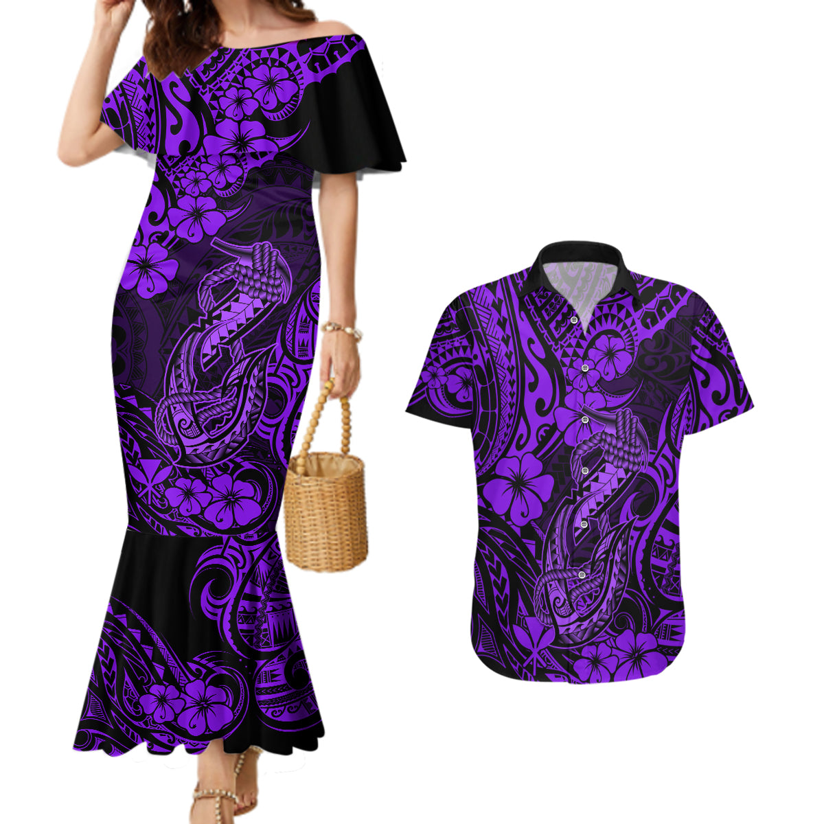 Hawaii Fish Hook Couples Matching Mermaid Dress and Hawaiian Shirt Hibiscus Hawaii Tribal Tattoo Purple Version LT01 Purple - Polynesian Pride