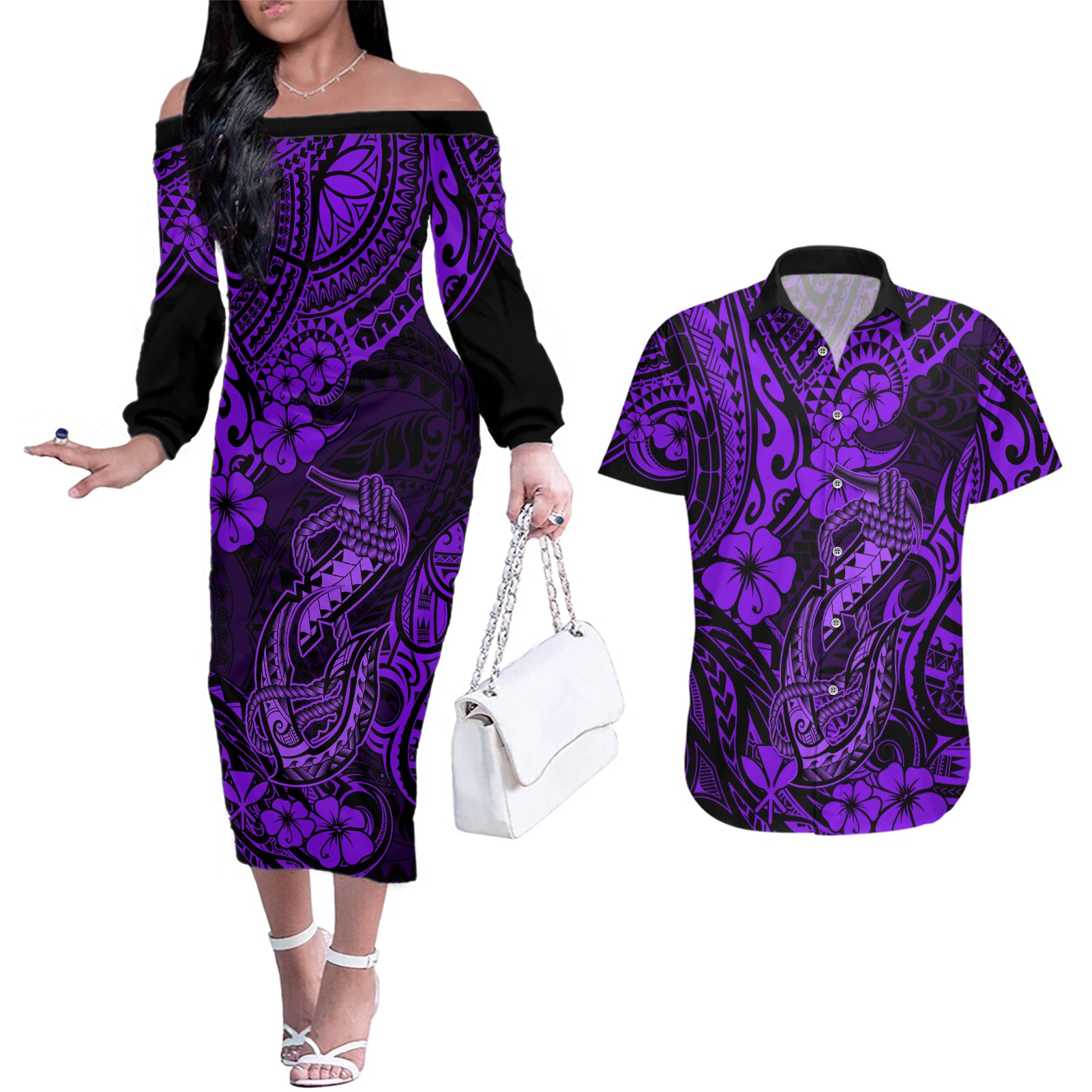 Hawaii Fish Hook Couples Matching Off The Shoulder Long Sleeve Dress and Hawaiian Shirt Hibiscus Hawaii Tribal Tattoo Purple Version LT01 Purple - Polynesian Pride