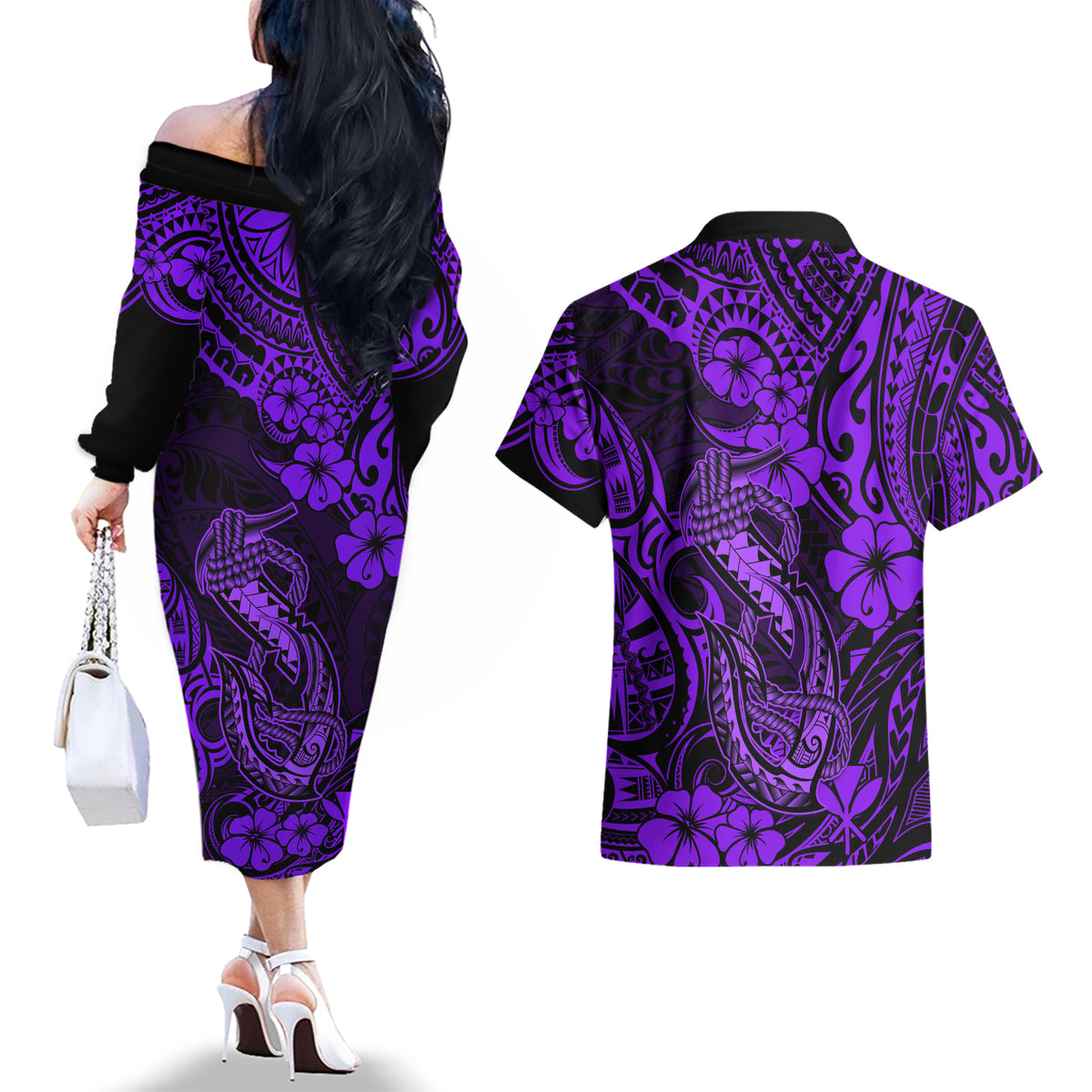 Hawaii Fish Hook Couples Matching Off The Shoulder Long Sleeve Dress and Hawaiian Shirt Hibiscus Hawaii Tribal Tattoo Purple Version LT01 - Polynesian Pride