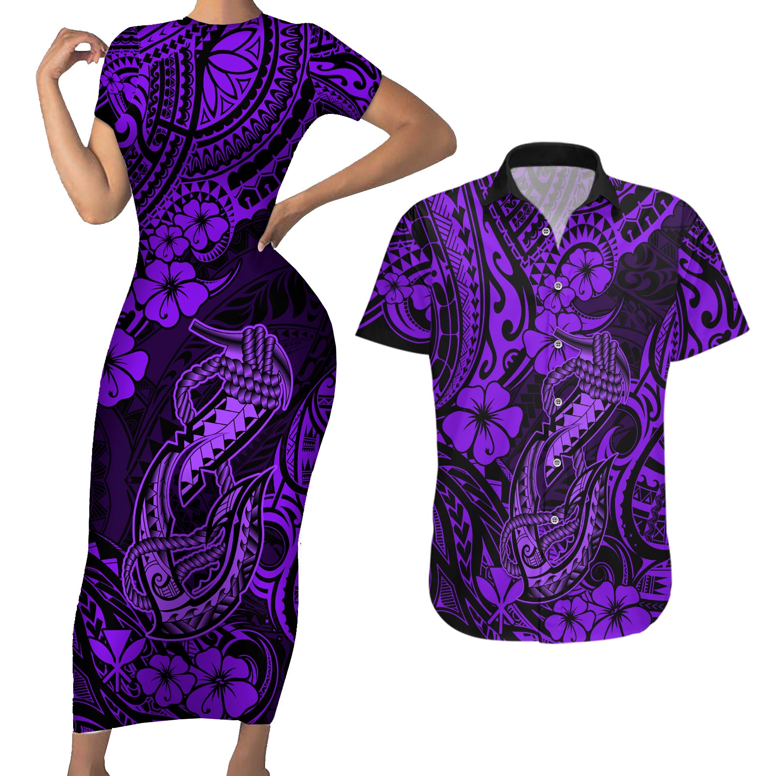 Hawaii Fish Hook Couples Matching Short Sleeve Bodycon Dress and Hawaiian Shirt Hibiscus Hawaii Tribal Tattoo Purple Version LT01 Purple - Polynesian Pride