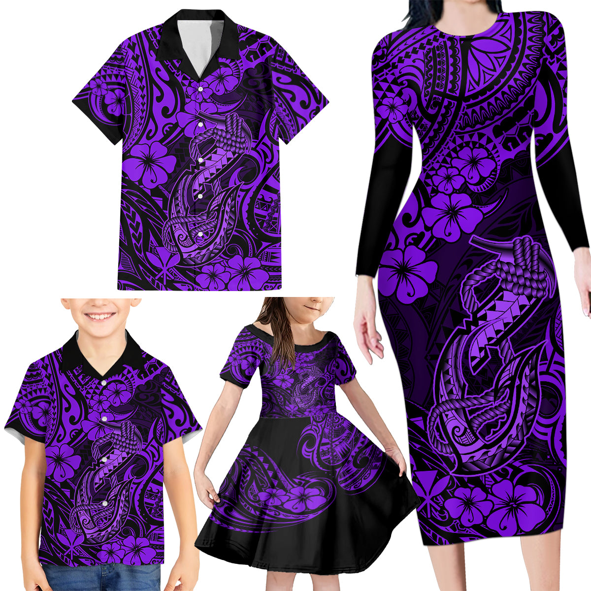 Hawaii Fish Hook Family Matching Long Sleeve Bodycon Dress and Hawaiian Shirt Hibiscus Hawaii Tribal Tattoo Purple Version LT01 - Polynesian Pride