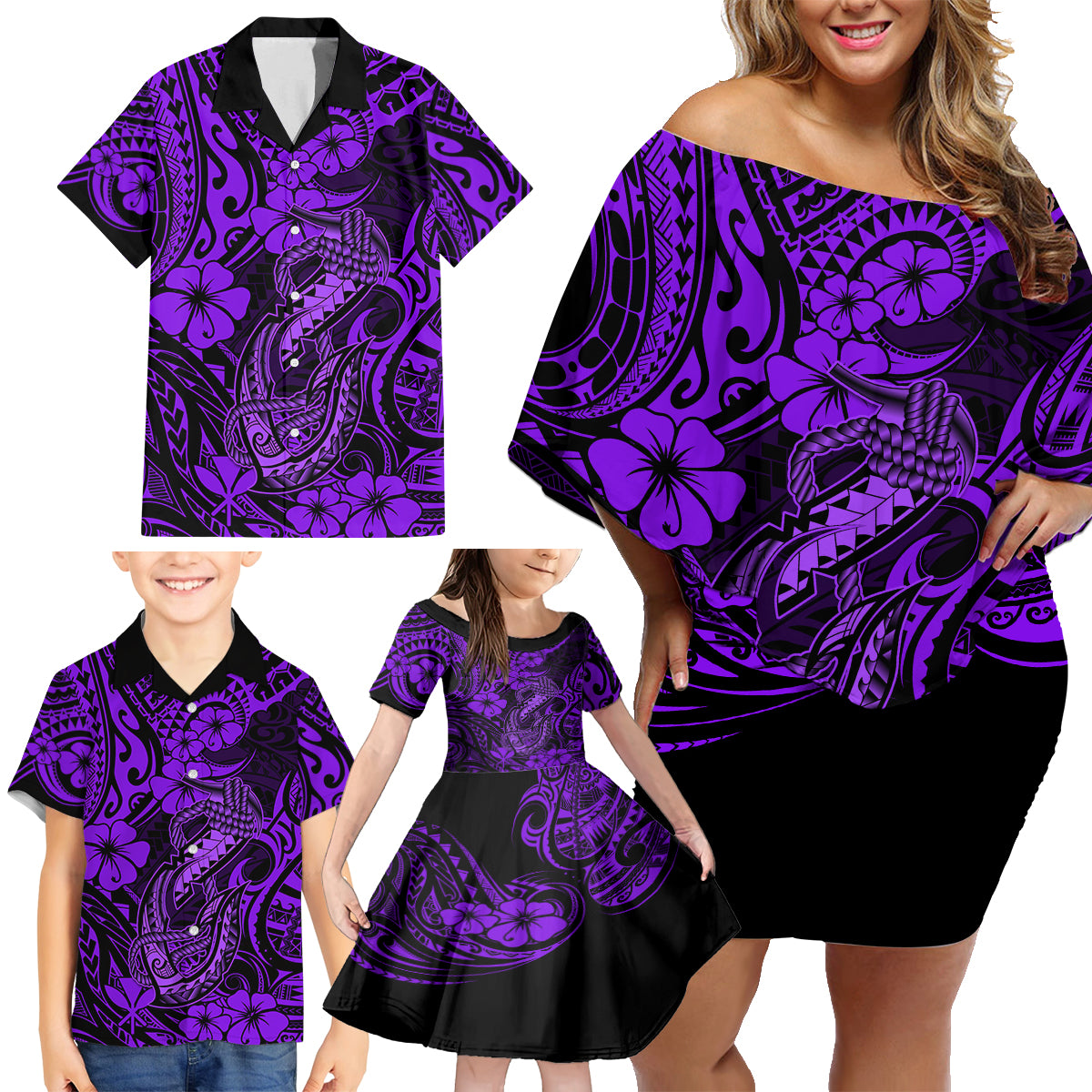 Hawaii Fish Hook Family Matching Off Shoulder Short Dress and Hawaiian Shirt Hibiscus Hawaii Tribal Tattoo Purple Version LT01 - Polynesian Pride