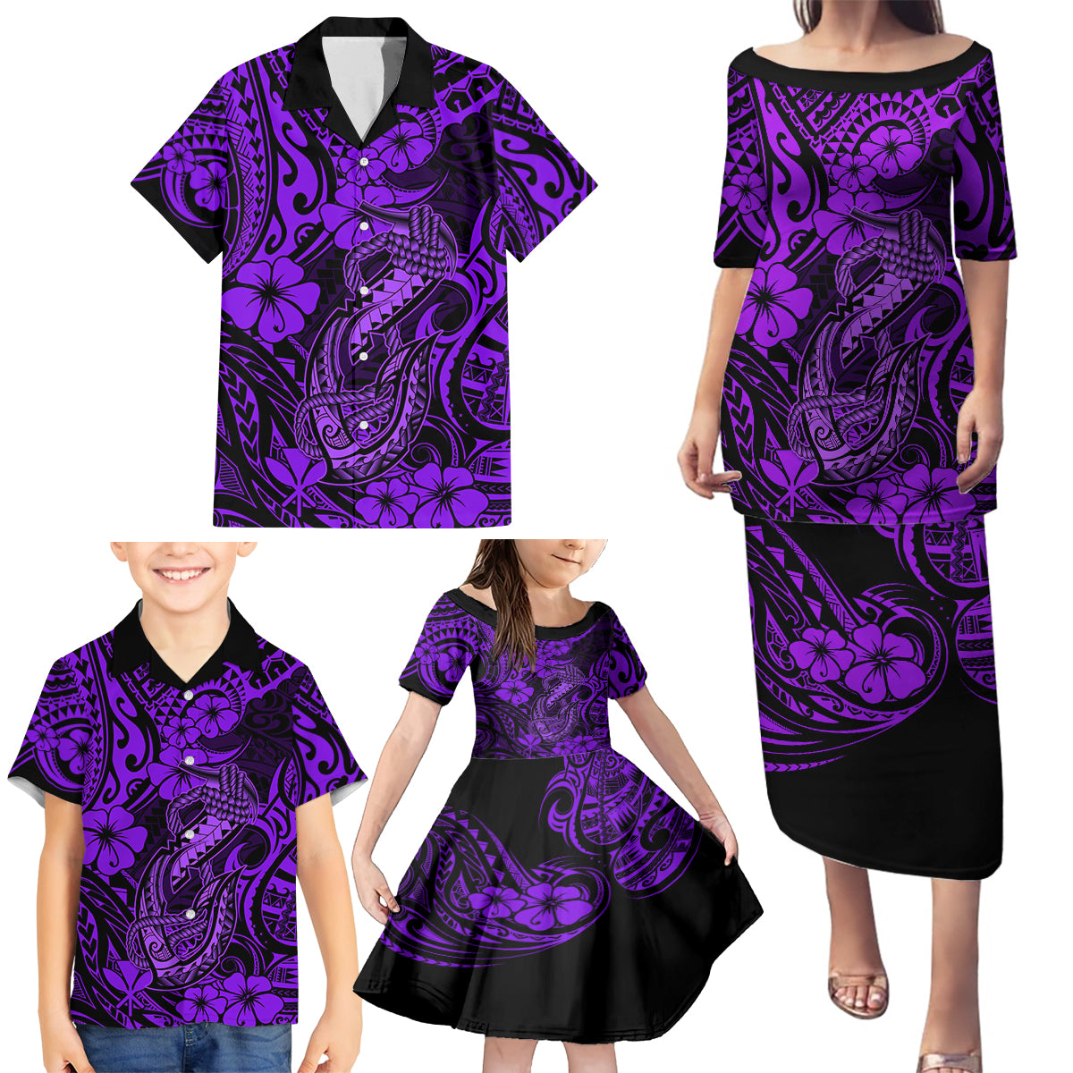 Hawaii Fish Hook Family Matching Puletasi Dress and Hawaiian Shirt Hibiscus Hawaii Tribal Tattoo Purple Version LT01 - Polynesian Pride