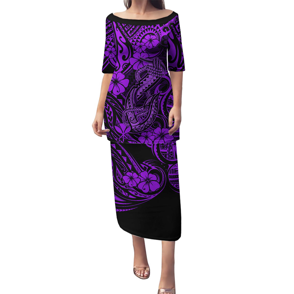 Hawaii Fish Hook Family Matching Puletasi Dress and Hawaiian Shirt Hibiscus Hawaii Tribal Tattoo Purple Version LT01 Mom's Dress Purple - Polynesian Pride