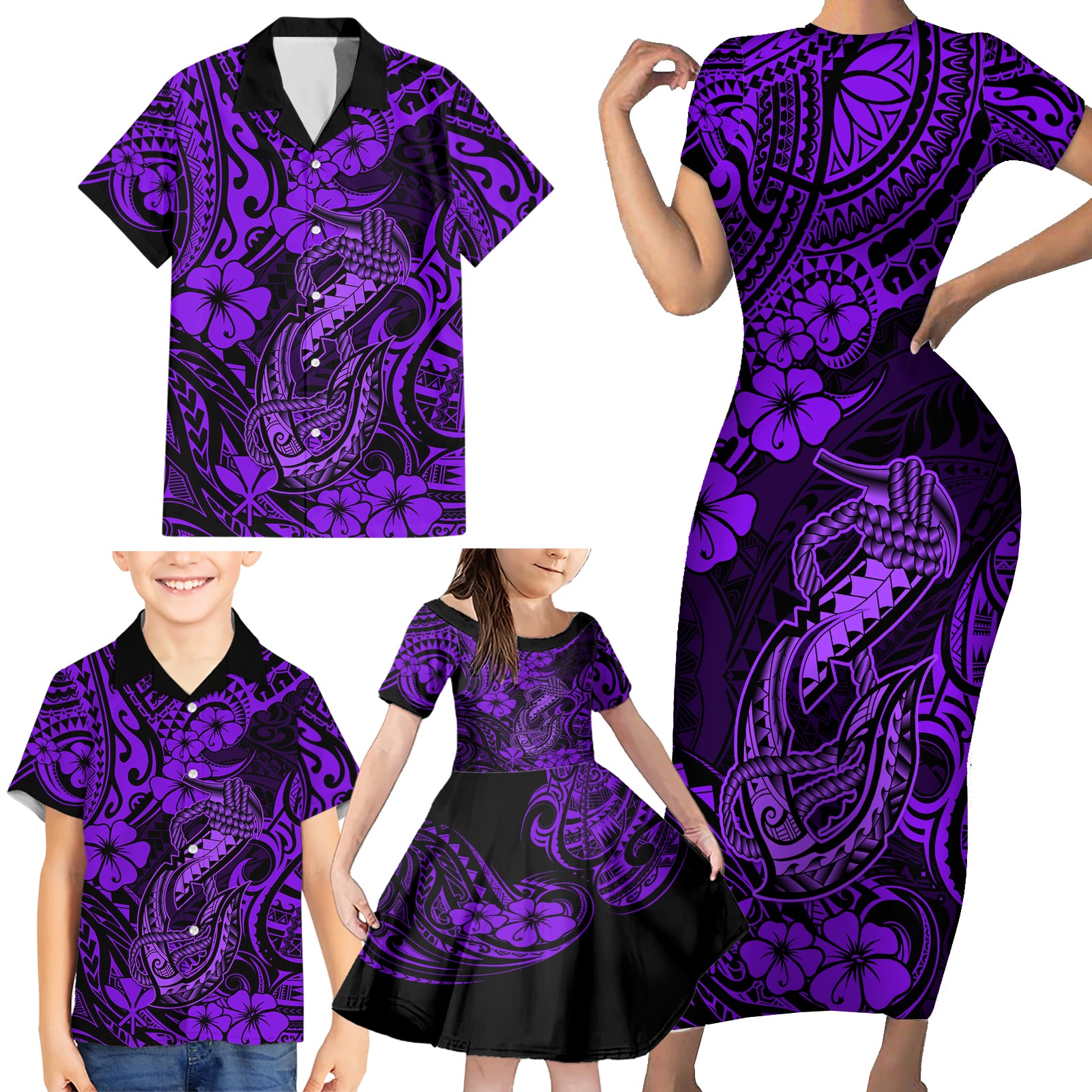 Hawaii Fish Hook Family Matching Short Sleeve Bodycon Dress and Hawaiian Shirt Hibiscus Hawaii Tribal Tattoo Purple Version LT01 - Polynesian Pride