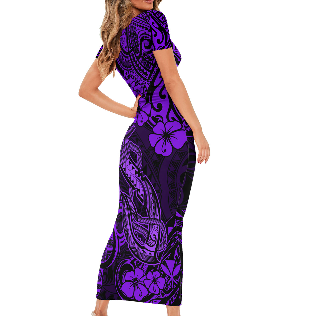 Hawaii Fish Hook Family Matching Short Sleeve Bodycon Dress and Hawaiian Shirt Hibiscus Hawaii Tribal Tattoo Purple Version LT01 - Polynesian Pride