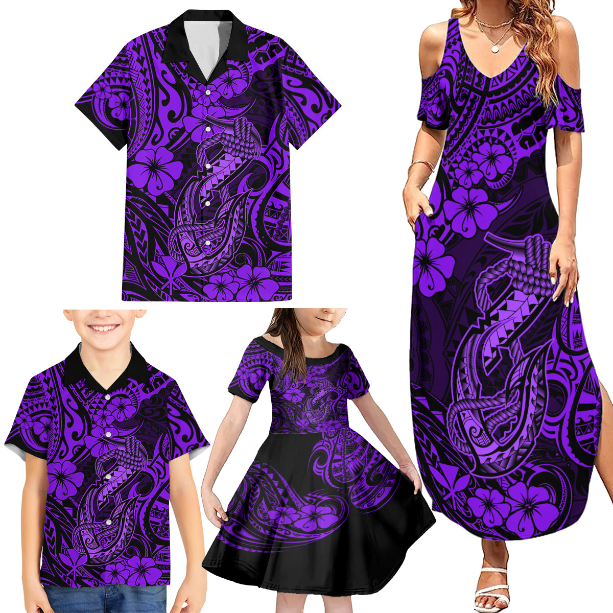 Hawaii Fish Hook Family Matching Summer Maxi Dress and Hawaiian Shirt Hibiscus Hawaii Tribal Tattoo Purple Version LT01 - Polynesian Pride