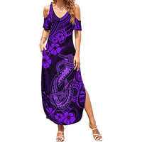 Hawaii Fish Hook Family Matching Summer Maxi Dress and Hawaiian Shirt Hibiscus Hawaii Tribal Tattoo Purple Version LT01 Mom's Dress Purple - Polynesian Pride