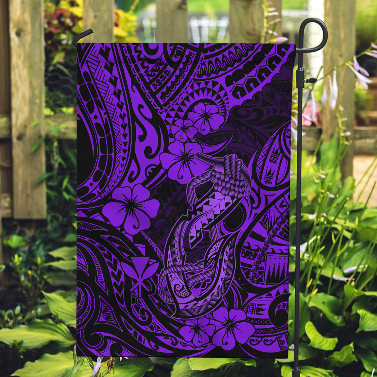 Hawaii Fish Hook Garden Flag Hibiscus Hawaii Tribal Tattoo Purple Version LT01 Garden Flag Purple - Polynesian Pride