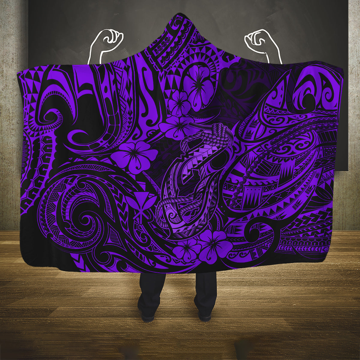 Hawaii Fish Hook Hooded Blanket Hibiscus Hawaii Tribal Tattoo Purple Version LT01 One Size Purple - Polynesian Pride