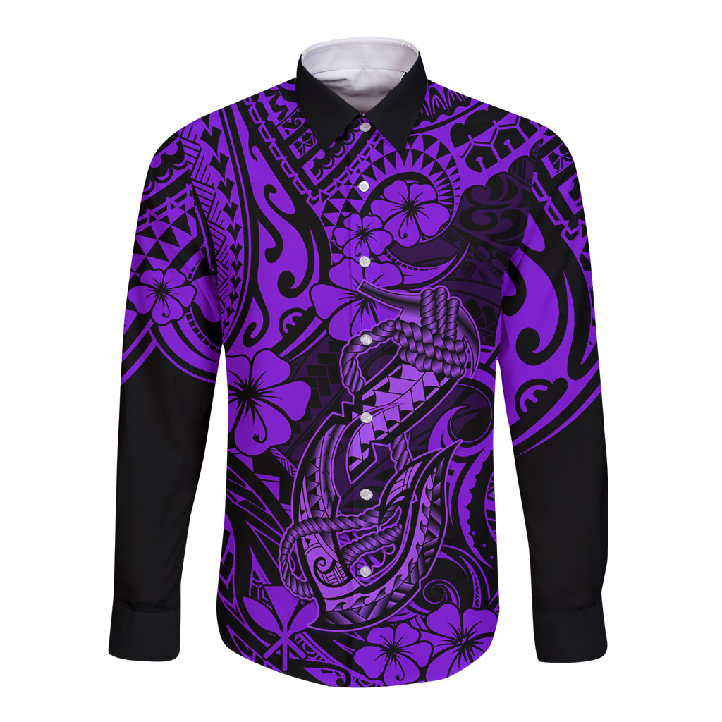 Hawaii Fish Hook Long Sleeve Button Shirt Hibiscus Hawaii Tribal Tattoo Purple Version LT01 Unisex Purple - Polynesian Pride