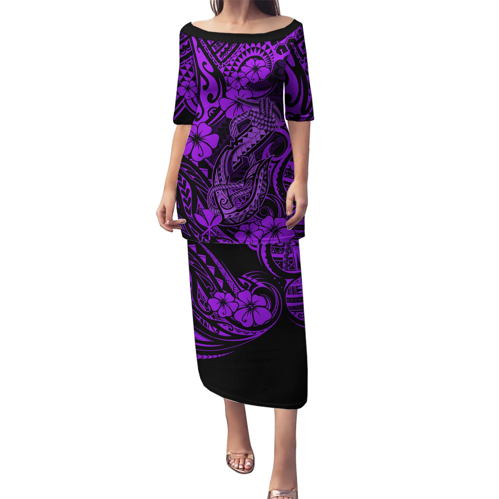 Hawaii Fish Hook Puletasi Hibiscus Hawaii Tribal Tattoo Purple Version LT01 Long Dress Purple - Polynesian Pride