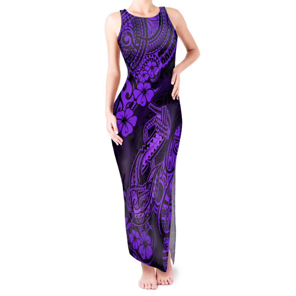 Hawaii Fish Hook Tank Maxi Dress Hibiscus Hawaii Tribal Tattoo Purple Version LT01 Women Purple - Polynesian Pride