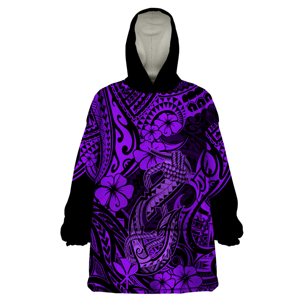 Hawaii Fish Hook Wearable Blanket Hoodie Hibiscus Hawaii Tribal Tattoo Purple Version LT01 One Size Purple - Polynesian Pride