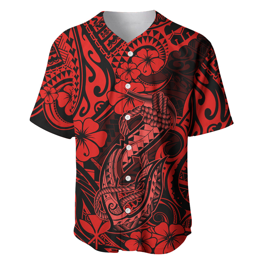 Hawaii Fish Hook Baseball Jersey Hibiscus Hawaii Tribal Tattoo Red Version LT01 Red - Polynesian Pride