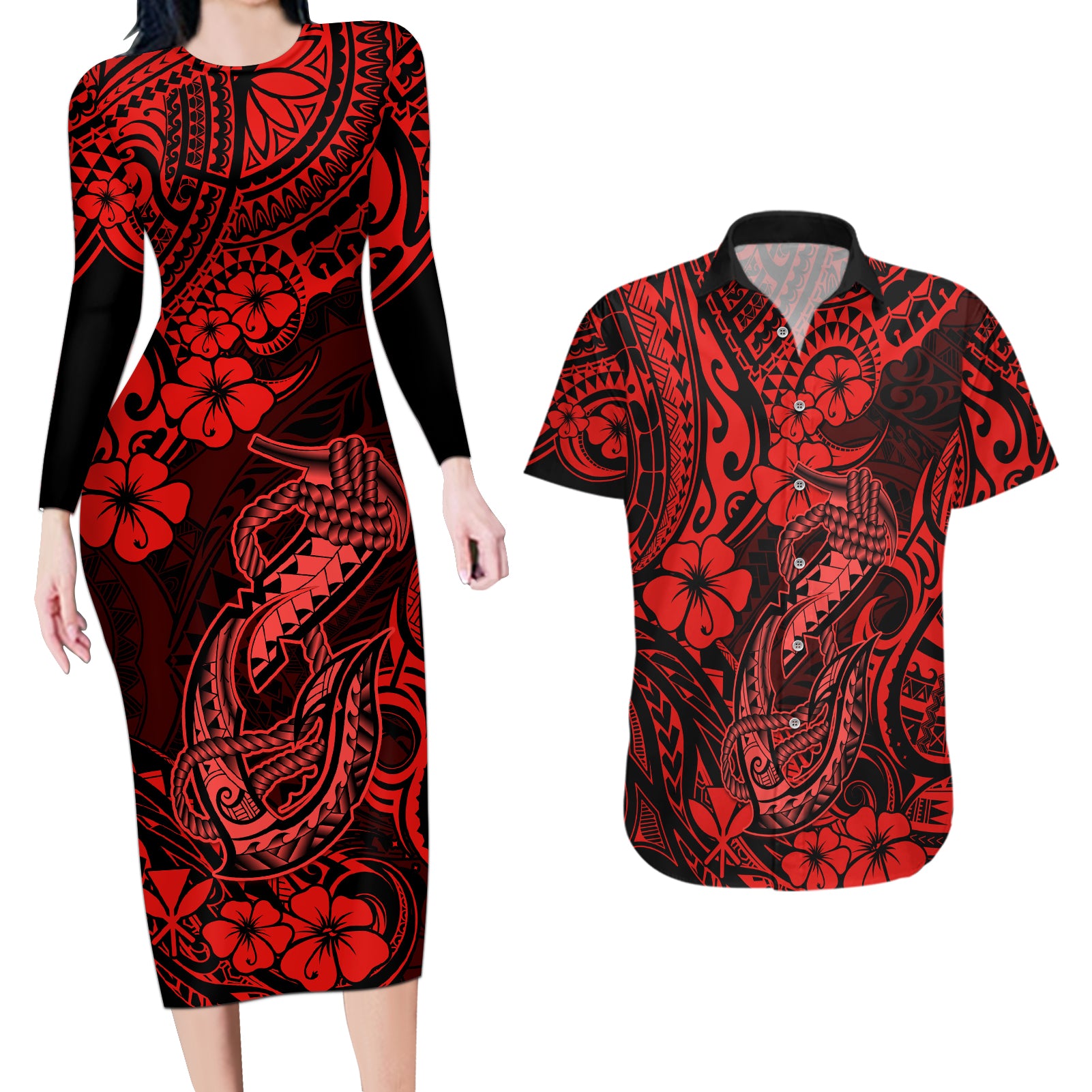 Hawaii Fish Hook Couples Matching Long Sleeve Bodycon Dress and Hawaiian Shirt Hibiscus Hawaii Tribal Tattoo Red Version LT01 Red - Polynesian Pride