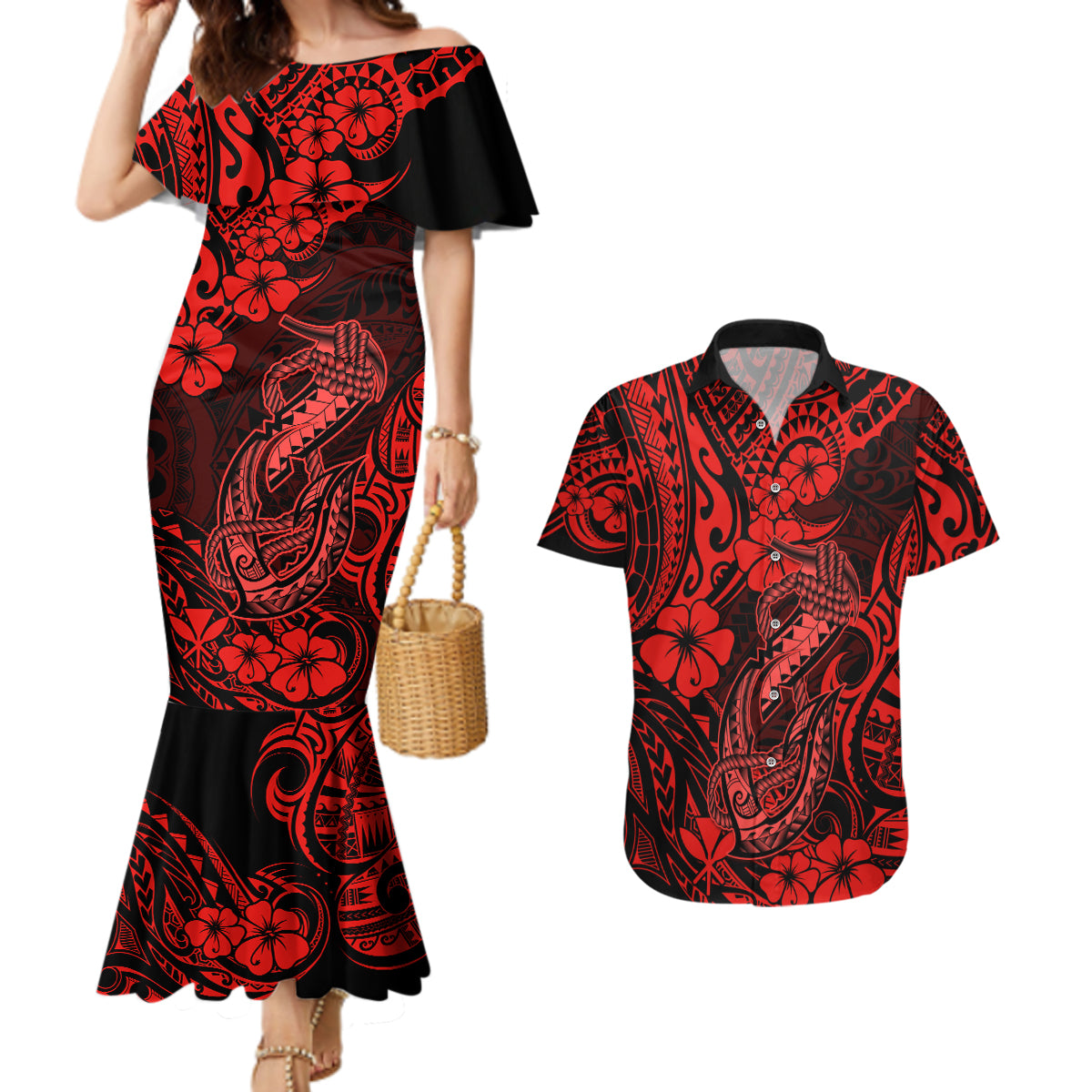 Hawaii Fish Hook Couples Matching Mermaid Dress and Hawaiian Shirt Hibiscus Hawaii Tribal Tattoo Red Version LT01 Red - Polynesian Pride