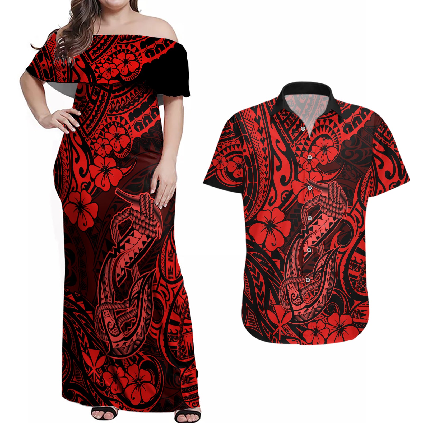 Hawaii Fish Hook Couples Matching Off Shoulder Maxi Dress and Hawaiian Shirt Hibiscus Hawaii Tribal Tattoo Red Version LT01 Red - Polynesian Pride