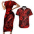 Hawaii Fish Hook Couples Matching Short Sleeve Bodycon Dress and Hawaiian Shirt Hibiscus Hawaii Tribal Tattoo Red Version LT01 Red - Polynesian Pride