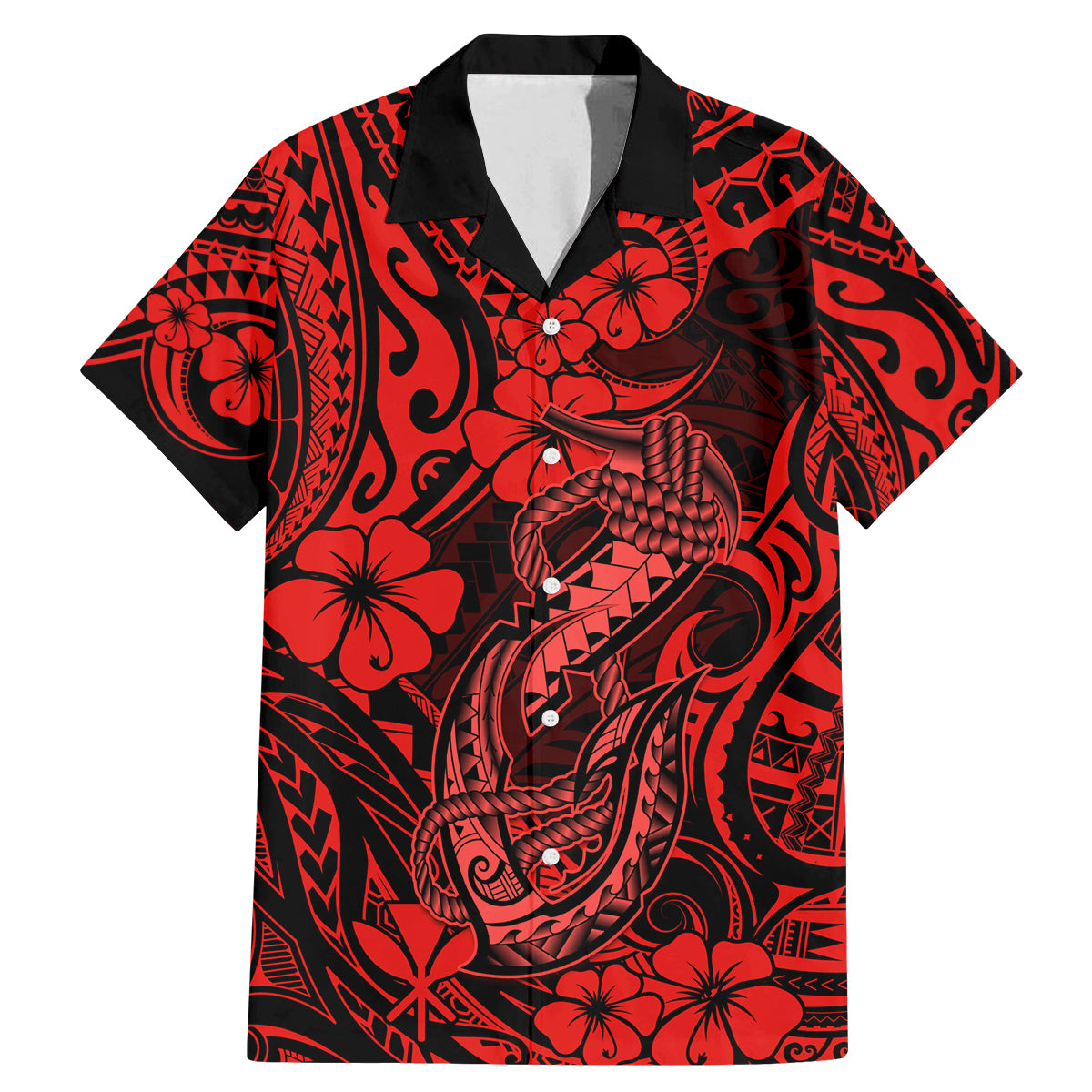 Hawaii Fish Hook Family Matching Mermaid Dress and Hawaiian Shirt Hibiscus Hawaii Tribal Tattoo Red Version LT01 Dad's Shirt - Short Sleeve Red - Polynesian Pride