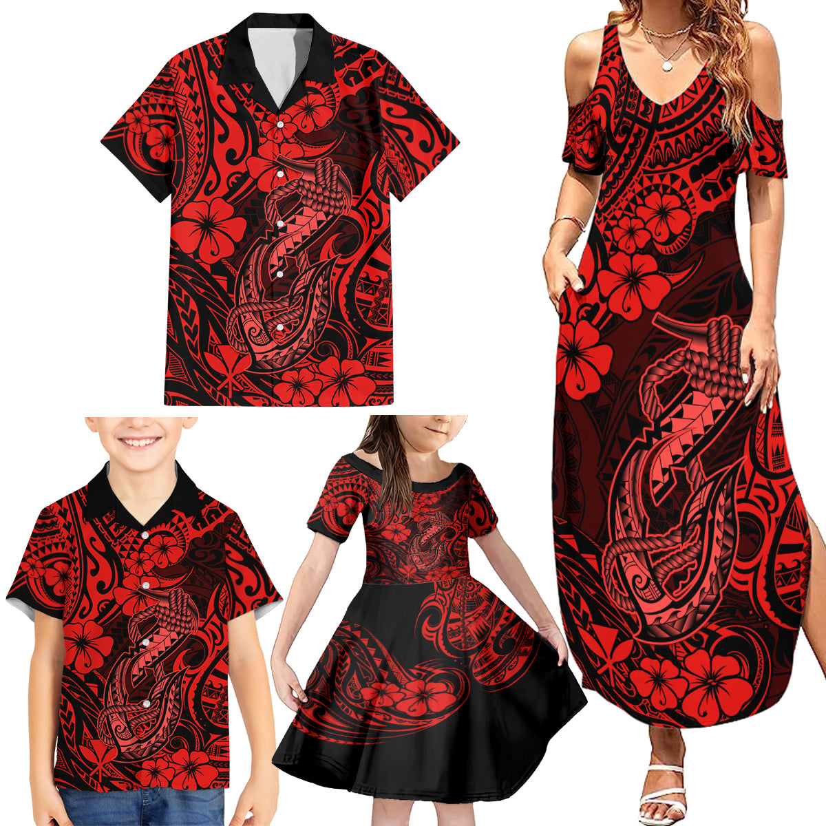 Hawaii Fish Hook Family Matching Summer Maxi Dress and Hawaiian Shirt Hibiscus Hawaii Tribal Tattoo Red Version LT01 - Polynesian Pride