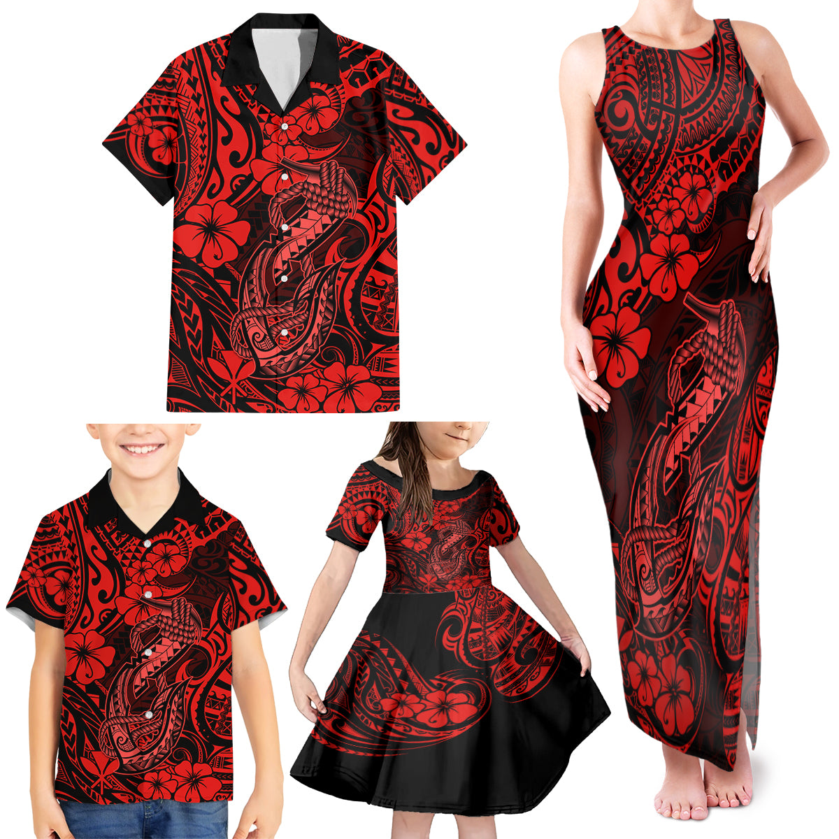 Hawaii Fish Hook Family Matching Tank Maxi Dress and Hawaiian Shirt Hibiscus Hawaii Tribal Tattoo Red Version LT01 - Polynesian Pride