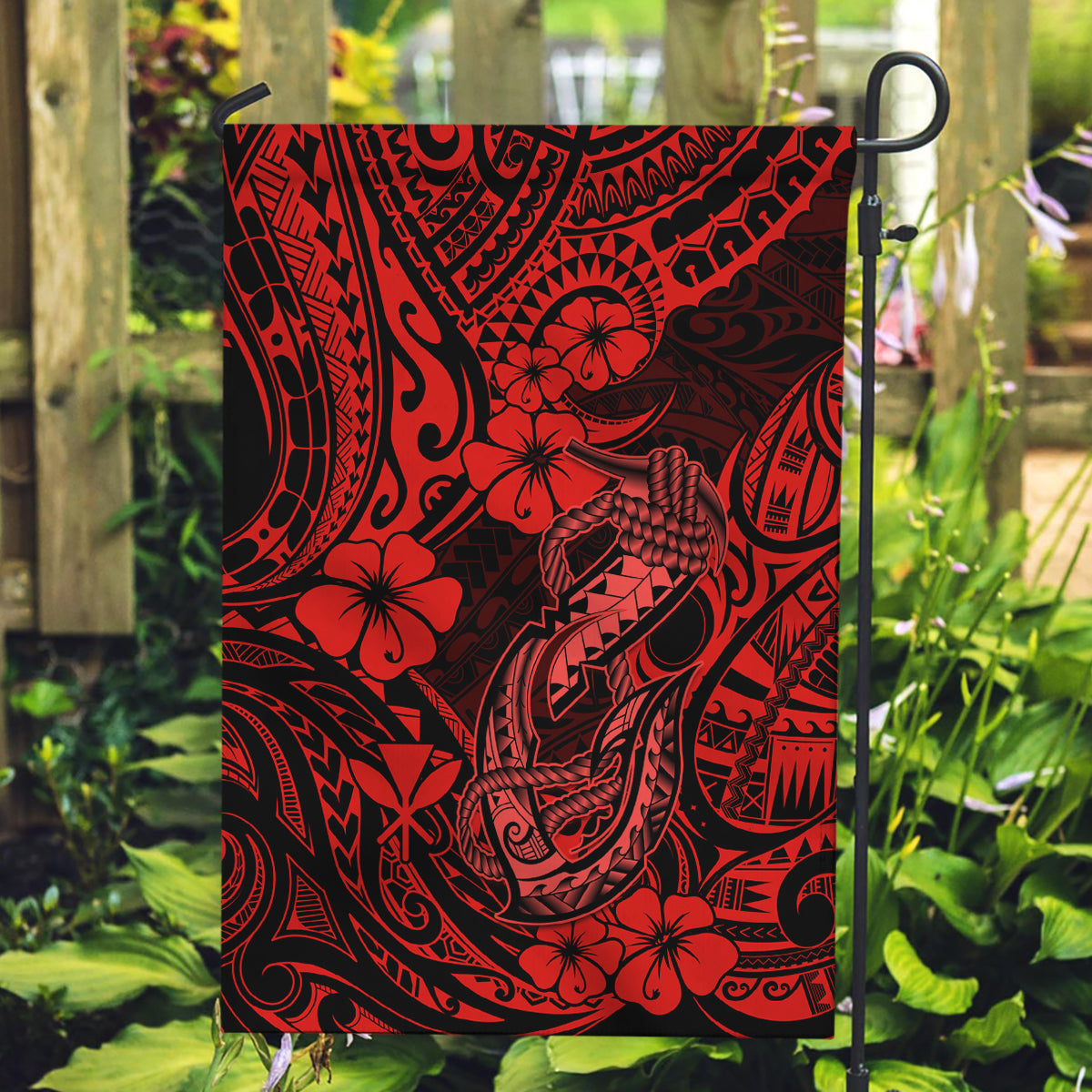 Hawaii Fish Hook Garden Flag Hibiscus Hawaii Tribal Tattoo Red Version LT01 Garden Flag Red - Polynesian Pride