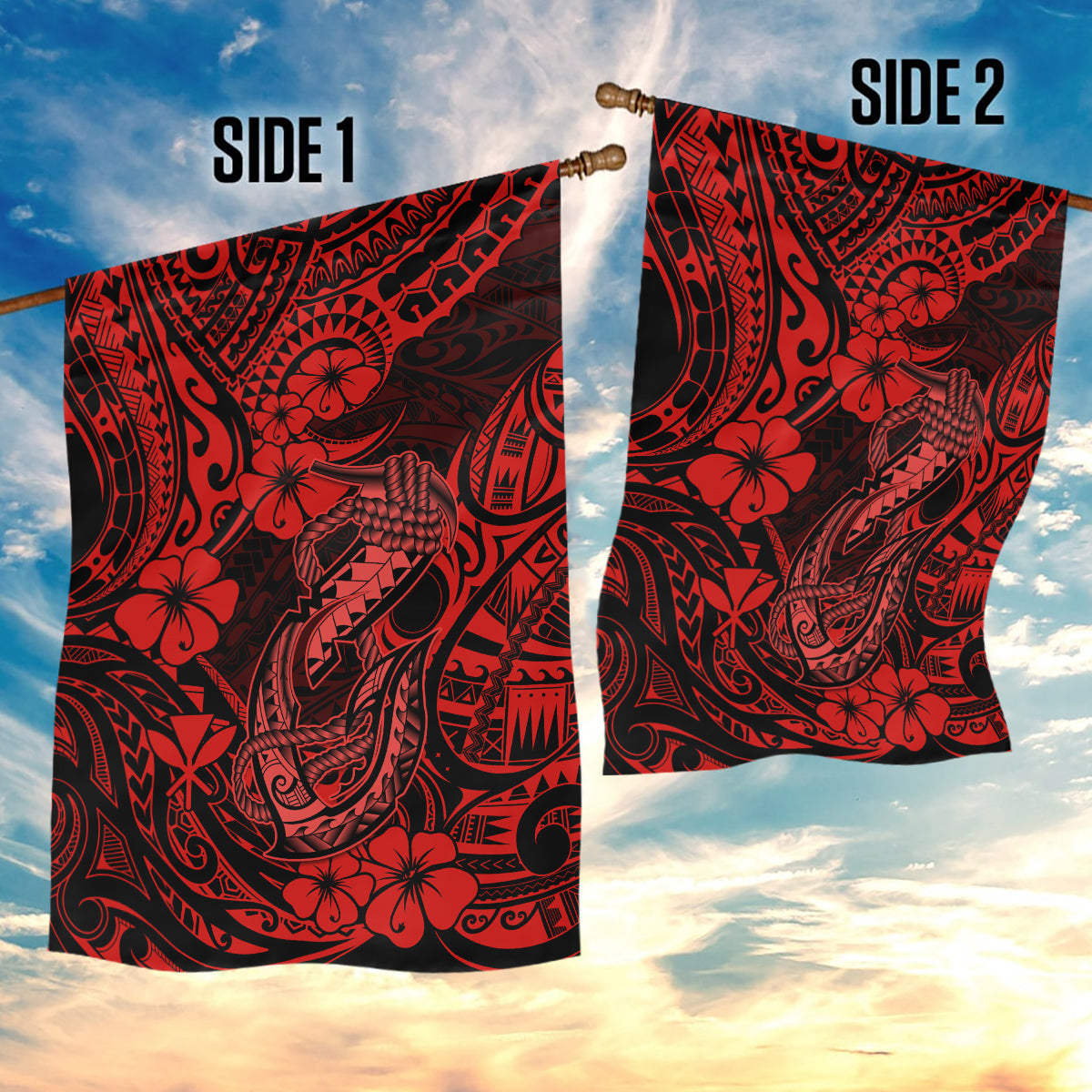 Hawaii Fish Hook Garden Flag Hibiscus Hawaii Tribal Tattoo Red Version LT01 - Polynesian Pride